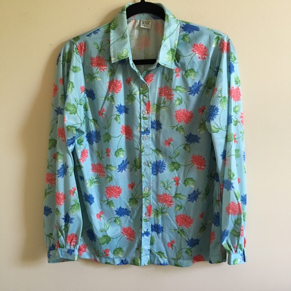 VINTAGE 70s Light Blue Floral Button Down